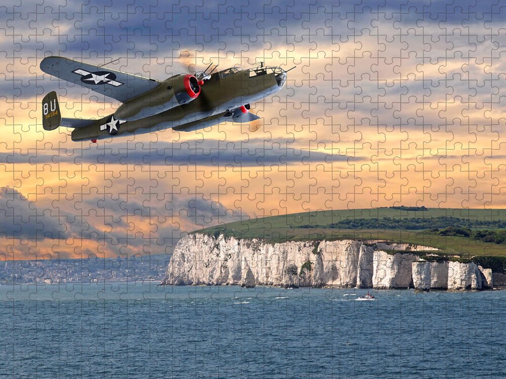 Aviation Jigsaw Puzzle featuring the photograph Mission Complete B-25 Over White Cliffs Of Dover by Gill Billington