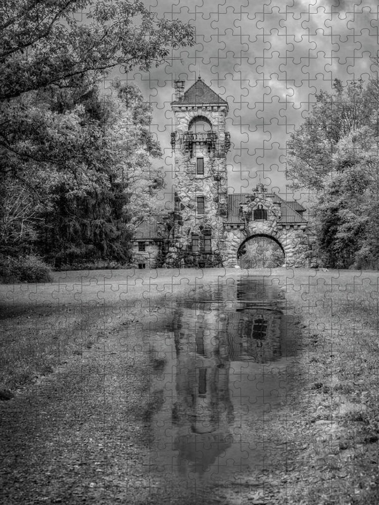 Hudson Valley Jigsaw Puzzle featuring the photograph Mohonk Preserve Gatehouse NY Fall BW by Susan Candelario
