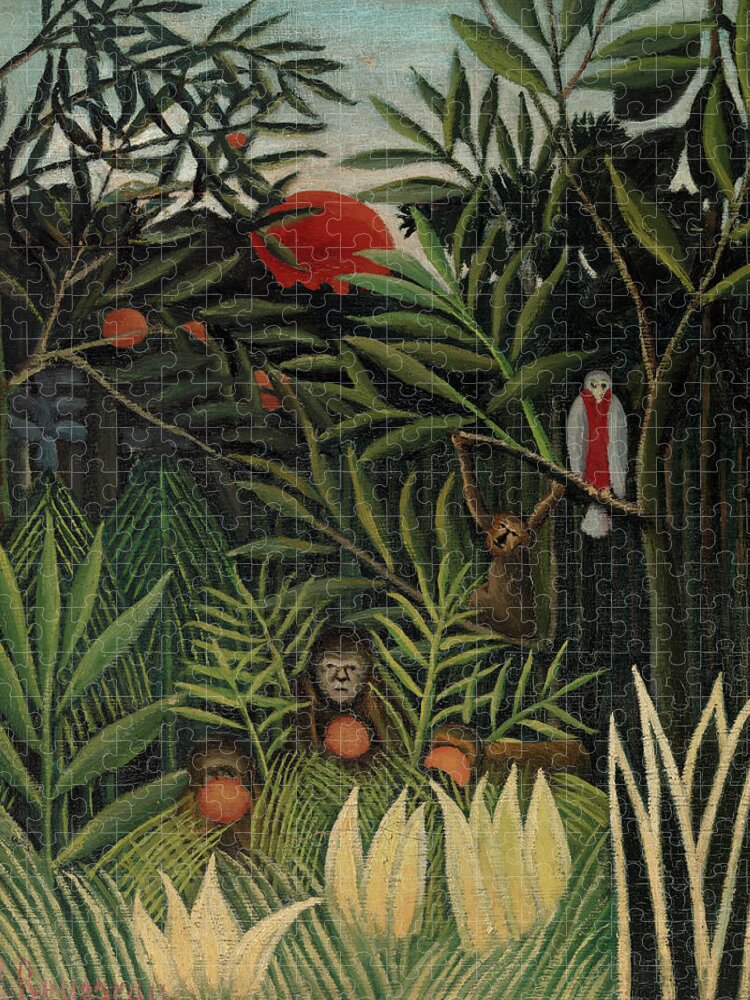 Henri Rousseau Jigsaw Puzzle featuring the painting Monkeys and Parrot in the Virgin Forest, 1906 by Henri Rousseau