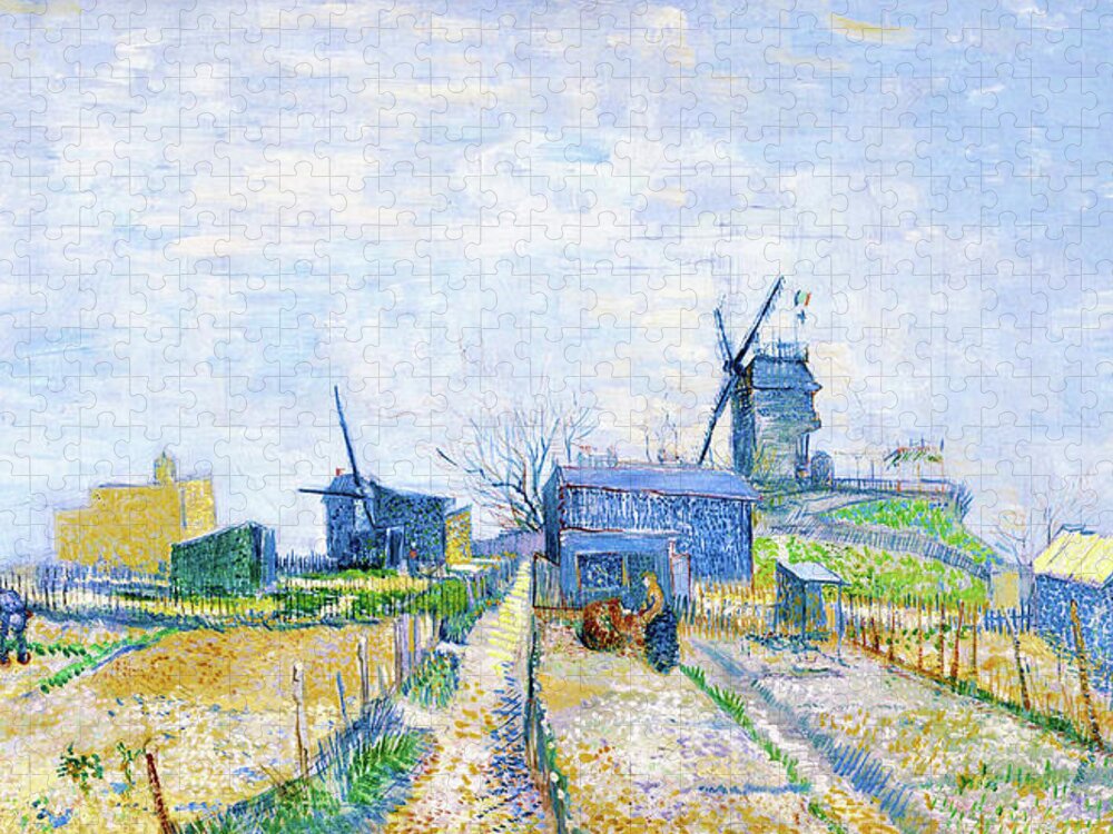 Vincent Willem Van Gogh Jigsaw Puzzle featuring the painting Montmartre, mills and vegetable gardens - Digital Remastered Edition by Vincent van Gogh