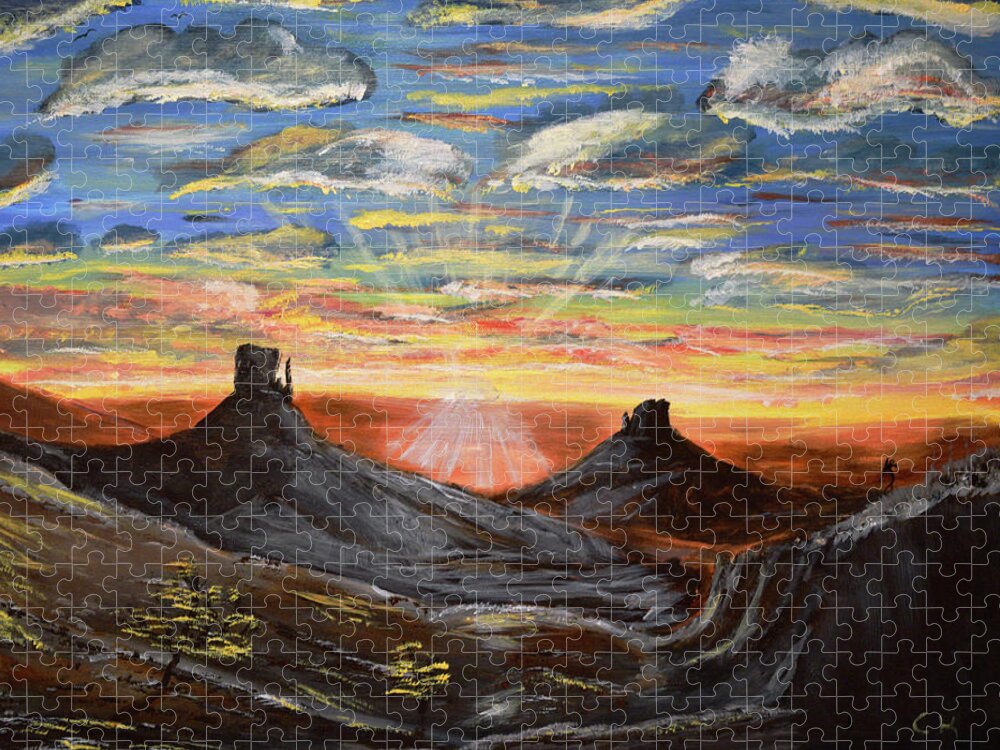 Monument Valley Jigsaw Puzzle featuring the painting Monument Valley and Kokopelli by Chance Kafka