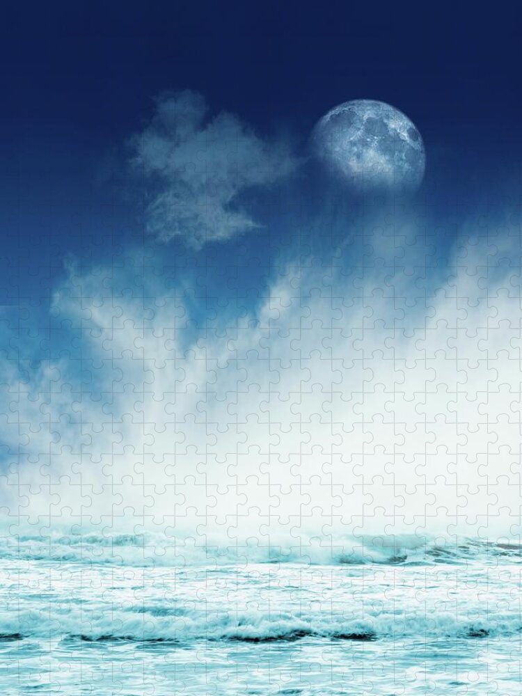 Spray Jigsaw Puzzle featuring the digital art Moon And The Tides, Artwork by Victor Habbick Visions
