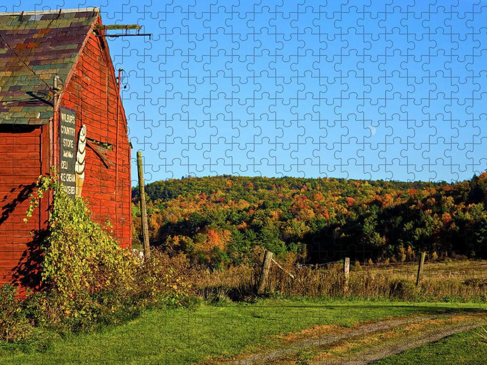Vermont Red Barn Jigsaw Puzzle featuring the photograph Moon rise over Vermont foliage on the farm by Jeff Folger