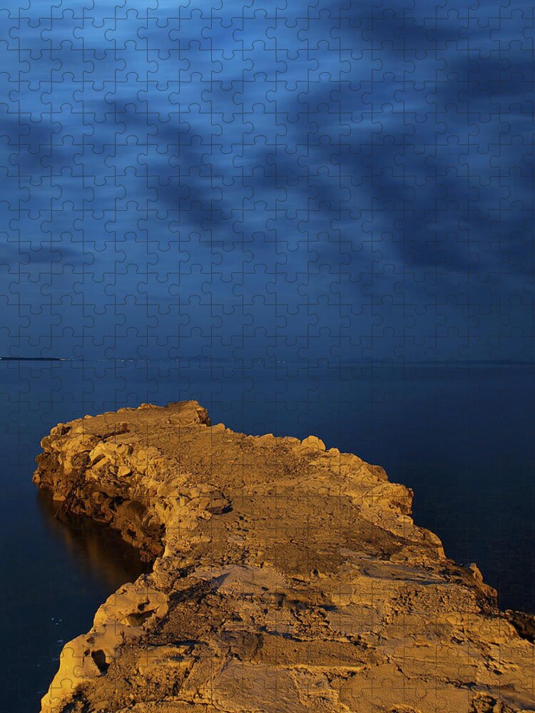 Adriatic Sea Jigsaw Puzzle featuring the photograph Moonshine Seascape And Old Pier by Goranstimac
