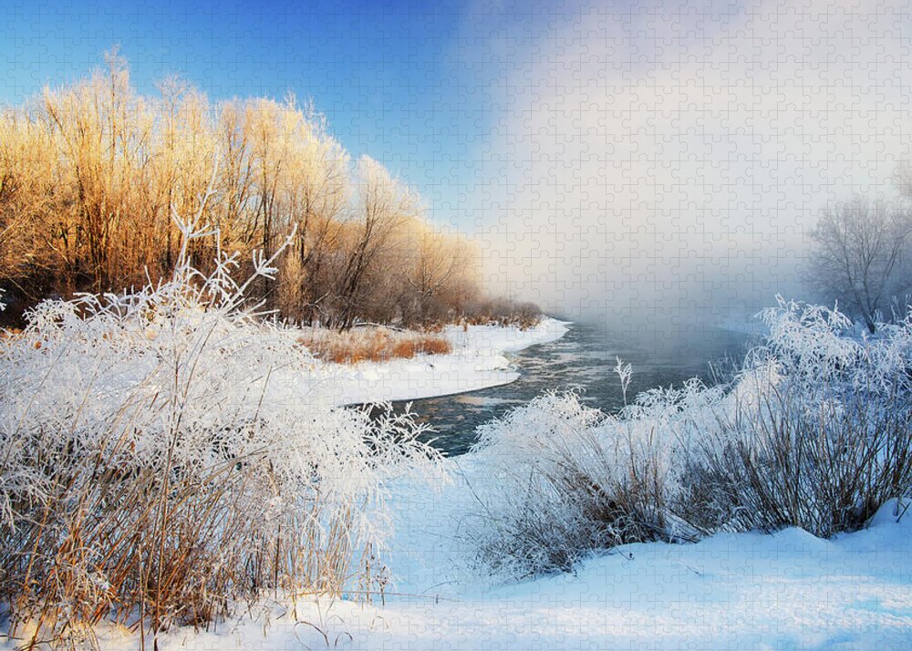 Yahara River Frigid Cold Snow Ice Blue Yellow Winter Frost Hoar Flowing Blue Sunrise Fog Mist Ominous Eery Jigsaw Puzzle featuring the photograph Frozen Sunrise - Yahara River at Stebbinsville road dam near Stoughton by Peter Herman
