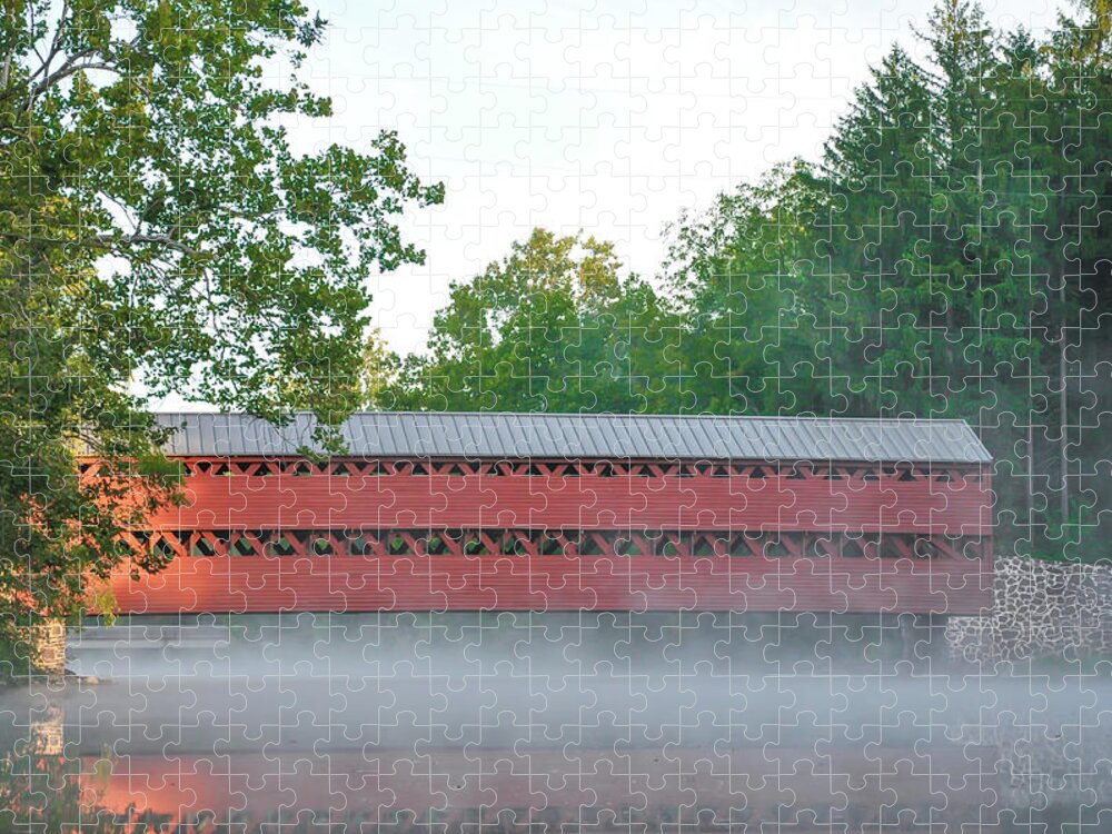Morning Jigsaw Puzzle featuring the photograph Morning on Swamp Creek - Sachs Covered Bridge - Gettysburg by Bill Cannon