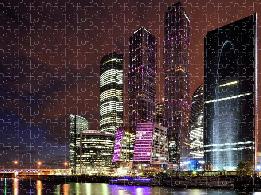 Scenics Jigsaw Puzzle featuring the photograph Moscow City At Night by Vladimir Zakharov