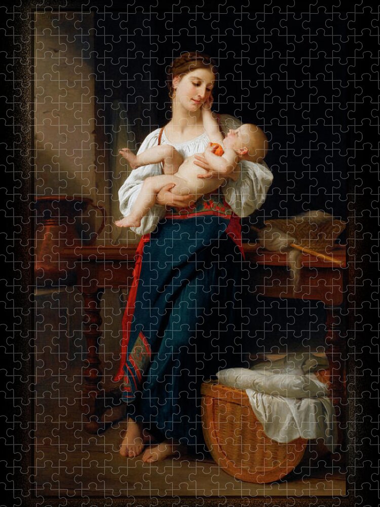 Mother And Child Jigsaw Puzzle featuring the painting Mother and Child by William Adolphe Bouguereau by Rolando Burbon