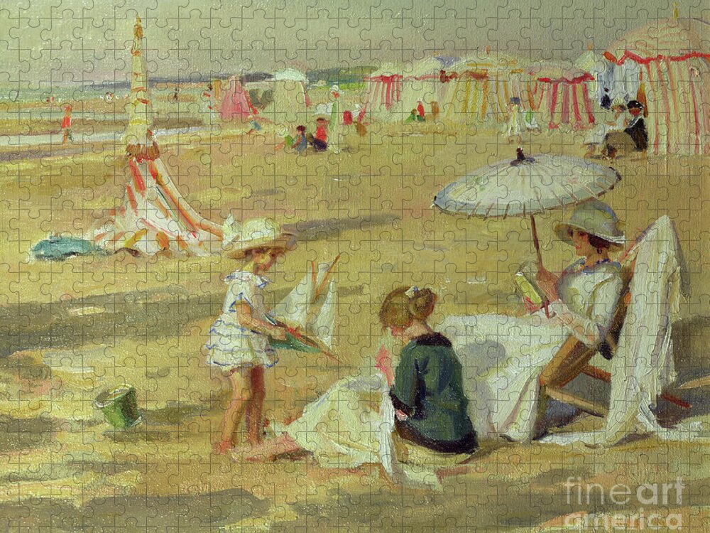 Parasol Jigsaw Puzzle featuring the painting Mother With Her Children On The Beach by Paul Michel Dupuy