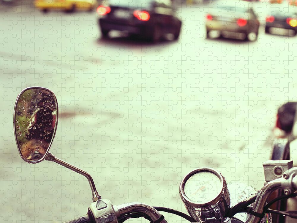 Handle Jigsaw Puzzle featuring the photograph Motorcycle In Rain by Copyright Anna Nemoy(xaomena)