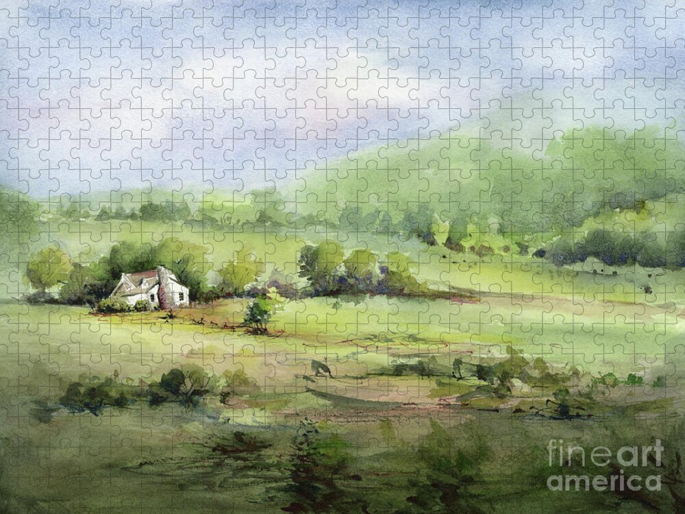 Face Mask Jigsaw Puzzle featuring the painting Mountain Haze by Lois Blasberg