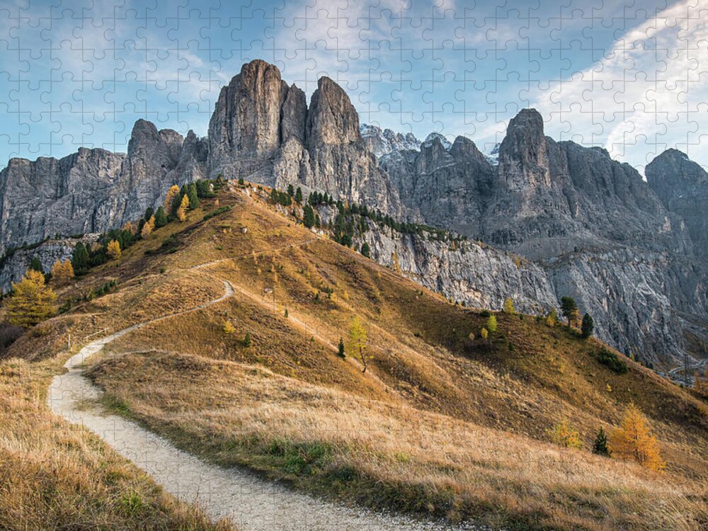 Dolomites Jigsaw Puzzle featuring the photograph Mountain landscape of the picturesque Dolomites at Passo Gardena by Michalakis Ppalis