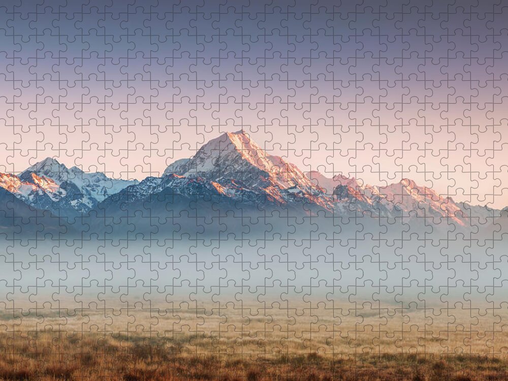 Tranquility Jigsaw Puzzle featuring the photograph Mt Cook Emerging From Mist At Dawn, New by Matteo Colombo