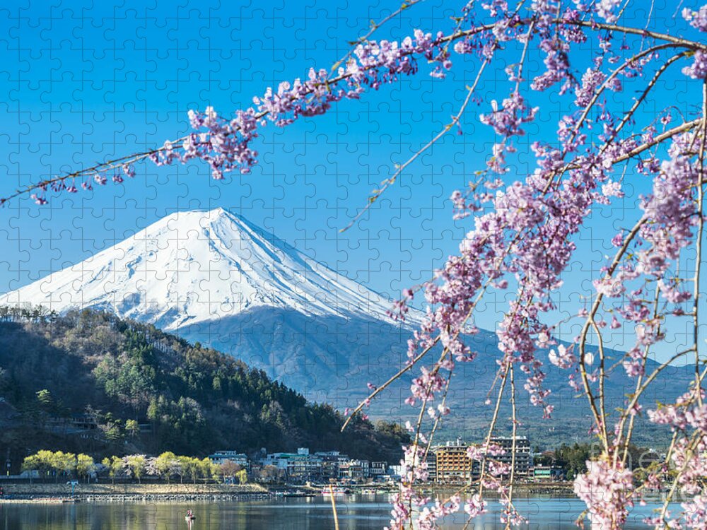 Kawaguchiko Jigsaw Puzzle featuring the photograph Mt Fuji And Cherry Blossom At Lake by Skyearth