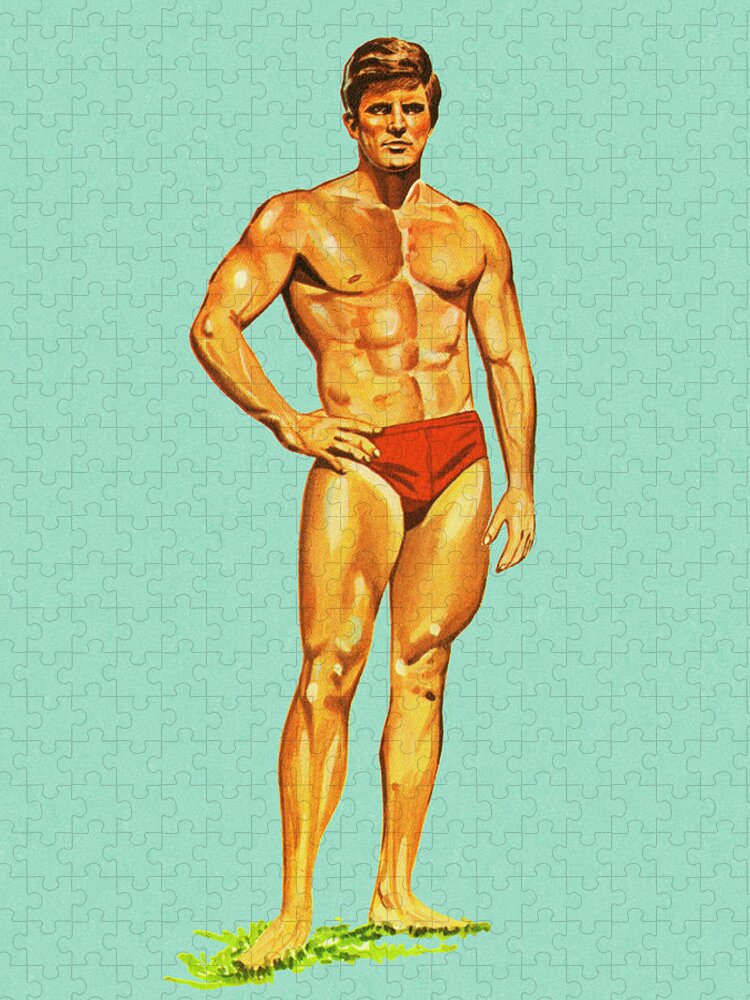 Adult Jigsaw Puzzle featuring the drawing Muscle Man in Swim Trunks by CSA Images
