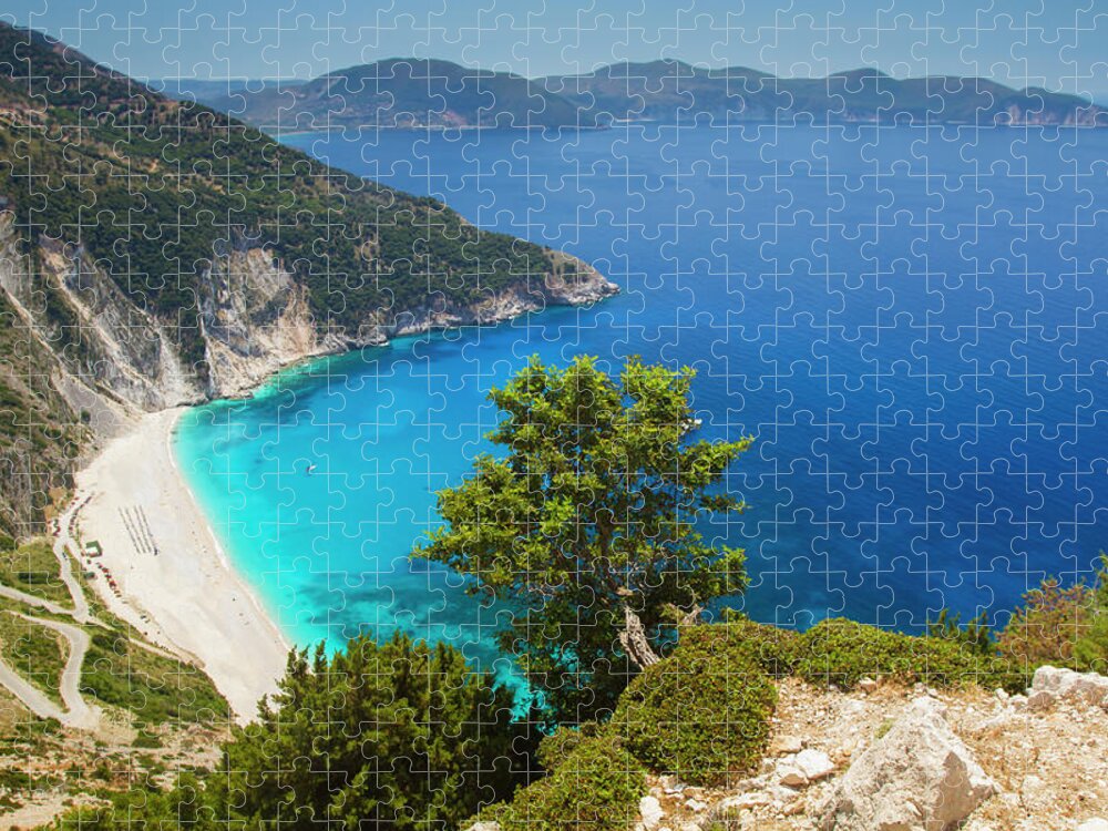 Scenics Jigsaw Puzzle featuring the photograph Myrtos Beach In Kefalonia by Alex Bramwell