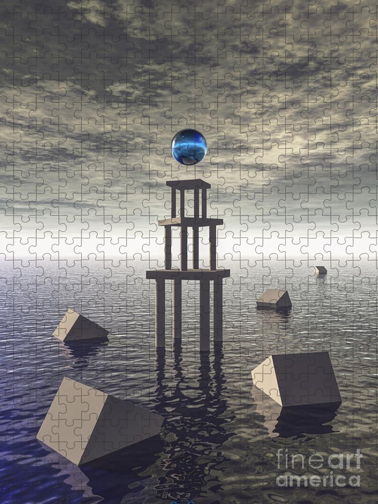 Structure Jigsaw Puzzle featuring the digital art Mysterious Tower At Sea by Phil Perkins