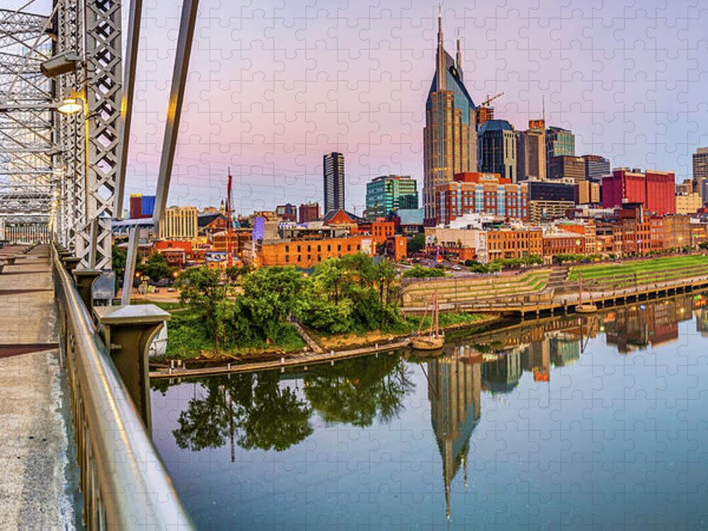 America Jigsaw Puzzle featuring the photograph Nashville Skyline Panorama from the John Seigenthaler Pedestrian Bridge by Gregory Ballos