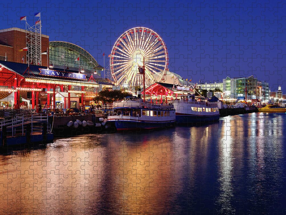 Ferry Jigsaw Puzzle featuring the photograph Navy Pier At Dusk by Adam Jones