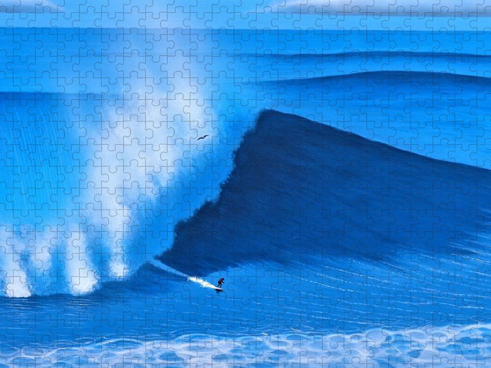 Surfing Jigsaw Puzzle featuring the painting Nazare Portugal 11-08-2017 by John Kaelin