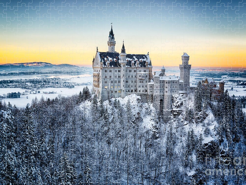 Romanesque Jigsaw Puzzle featuring the photograph Neuschwanstein Castle At Sunset by Frank Fischbach
