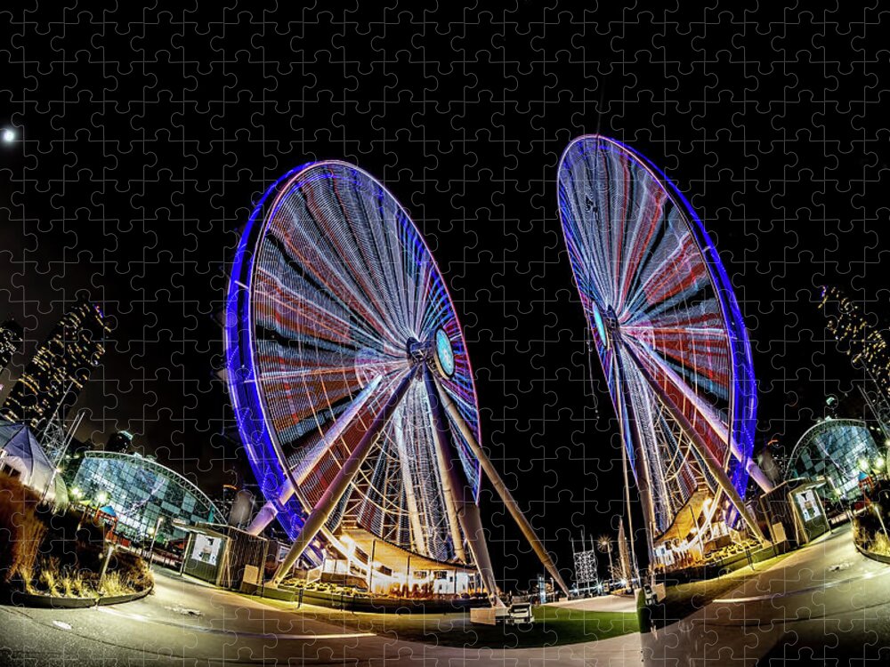 Chicago Jigsaw Puzzle featuring the photograph New ferris wheel and its reflection by Sven Brogren