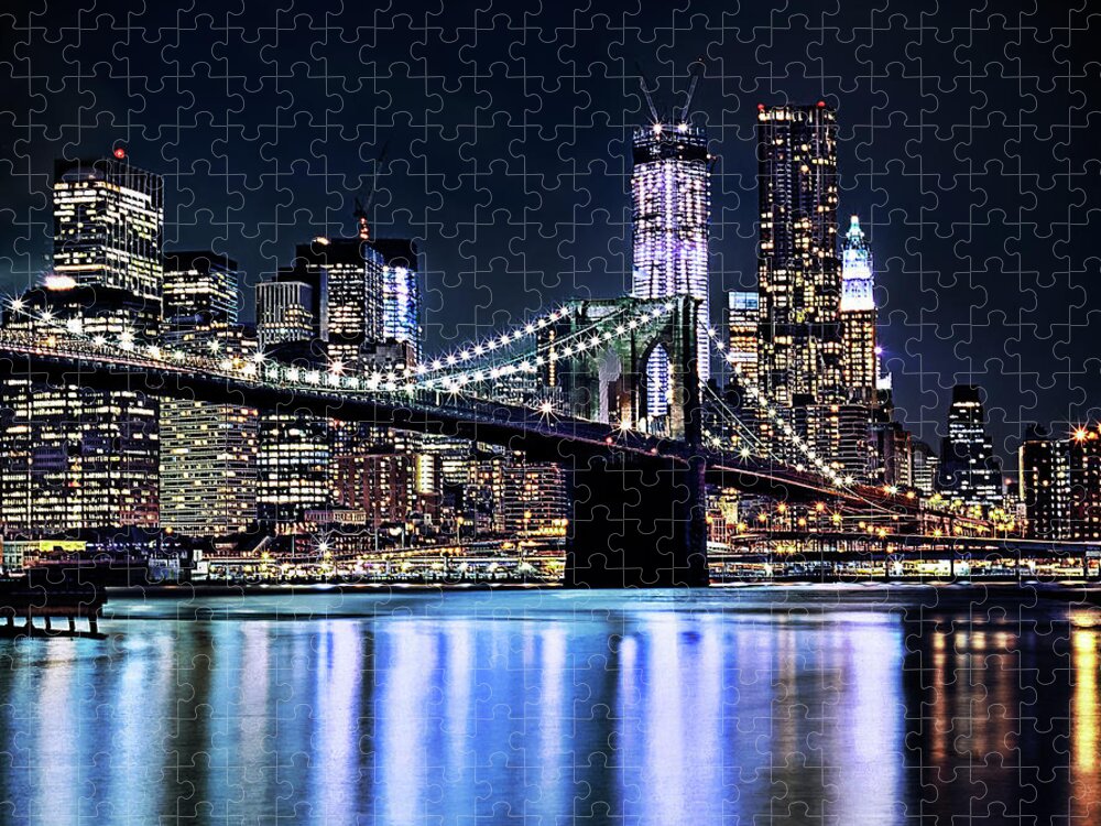 Scenics Jigsaw Puzzle featuring the photograph New Yorks Brooklyn Bridge by Photography By Eydie Wong