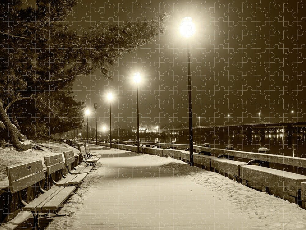 Newburyport Jigsaw Puzzle featuring the photograph Newburyport MA Snowstorm at night Merrimac River Lights Sepia by Toby McGuire