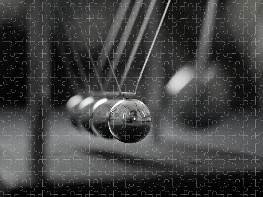Five Objects Jigsaw Puzzle featuring the photograph Newtons Cradle In Motion - Metallic by N.j. Simrick