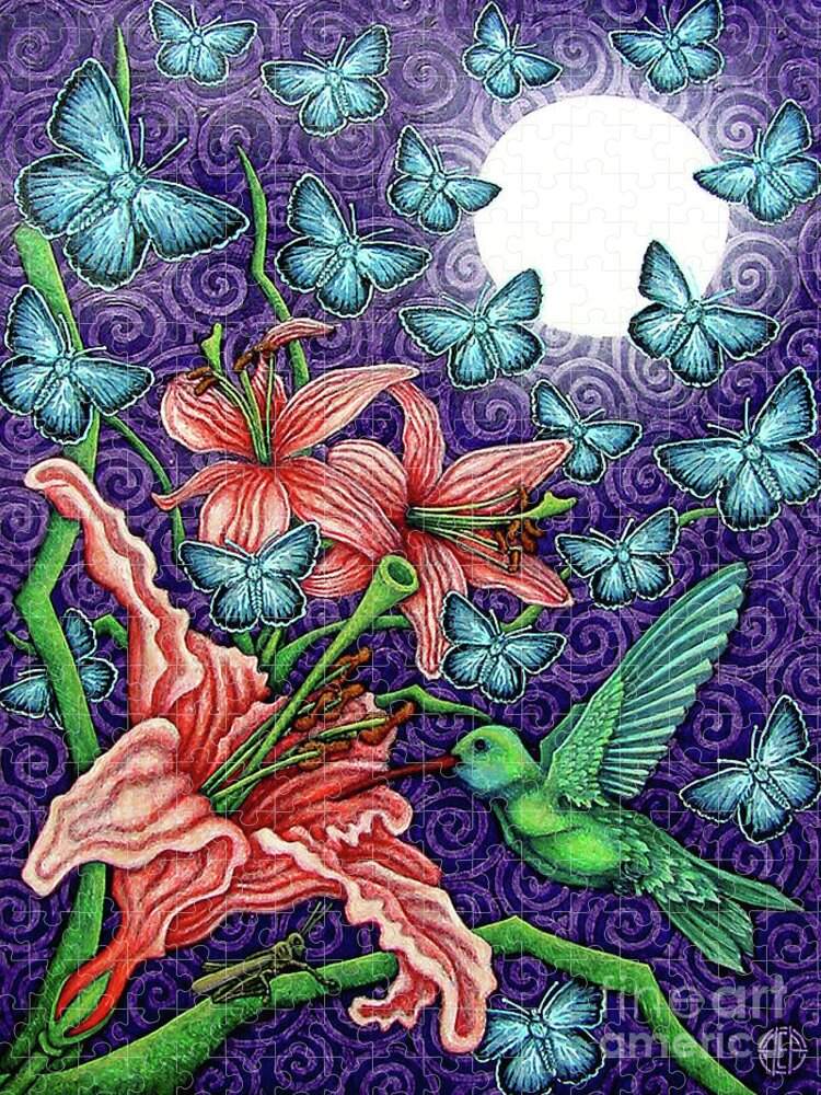 Hummingbird Jigsaw Puzzle featuring the painting Night Garden 5 by Amy E Fraser