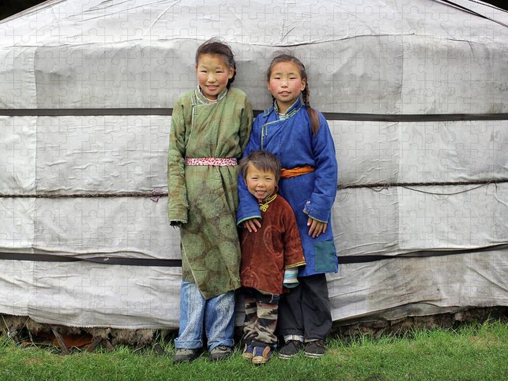 Mongolian Culture Jigsaw Puzzle featuring the photograph Nomadic Mongolian Children Outside Ger by Timothy Allen