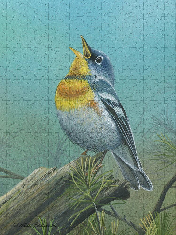 Northern Parula Jigsaw Puzzle featuring the painting Northern Parula by Mike Brown