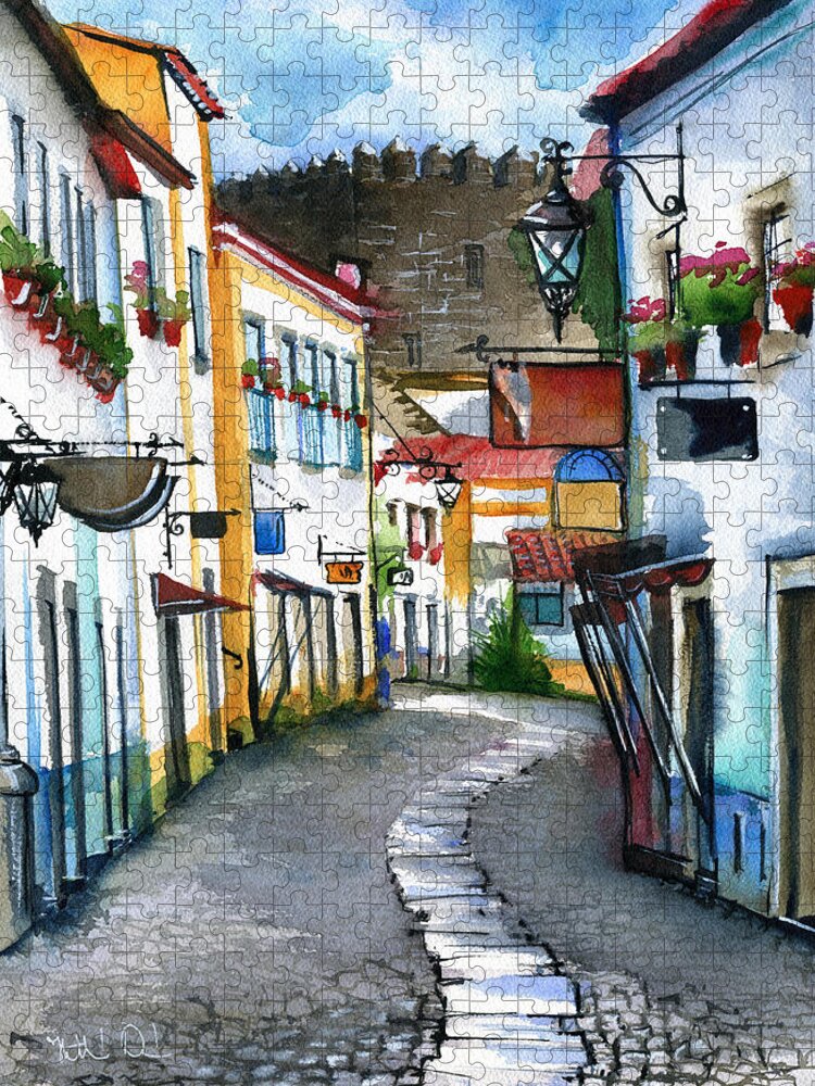 Portugal Jigsaw Puzzle featuring the painting Obidos Portugal by Dora Hathazi Mendes