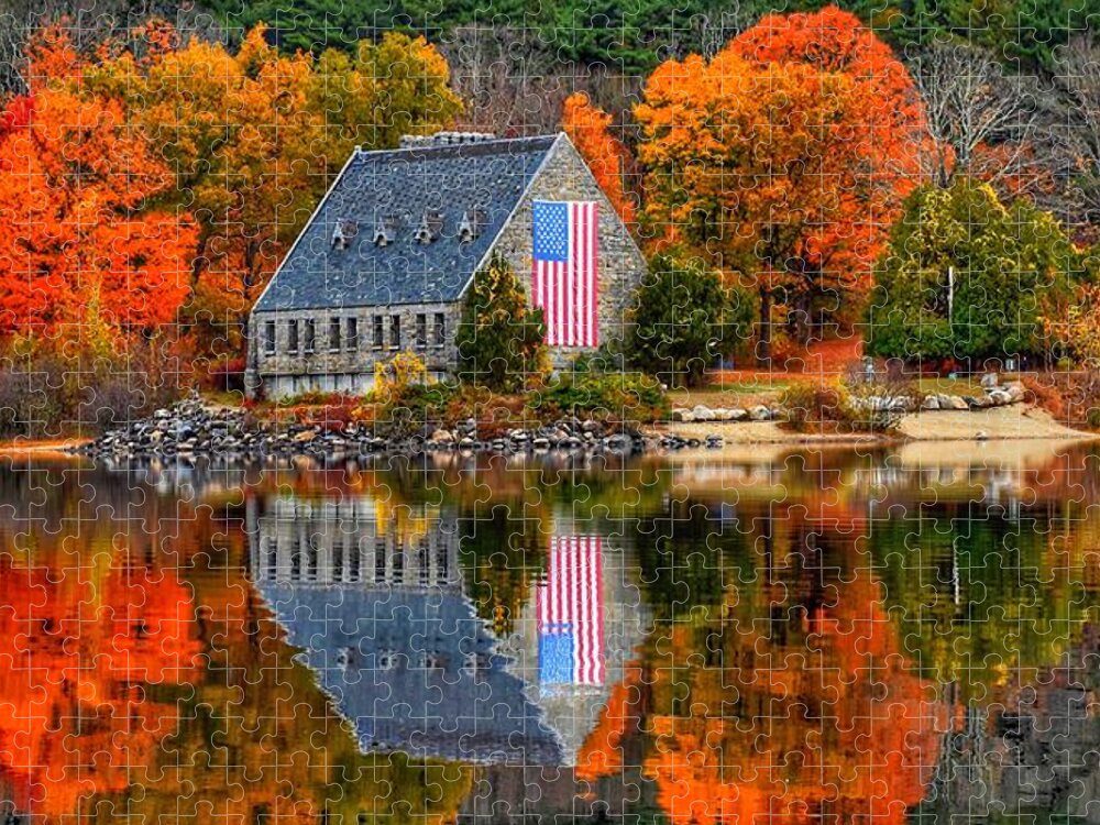 Old Stone Church Jigsaw Puzzle featuring the photograph October reflections by Monika Salvan