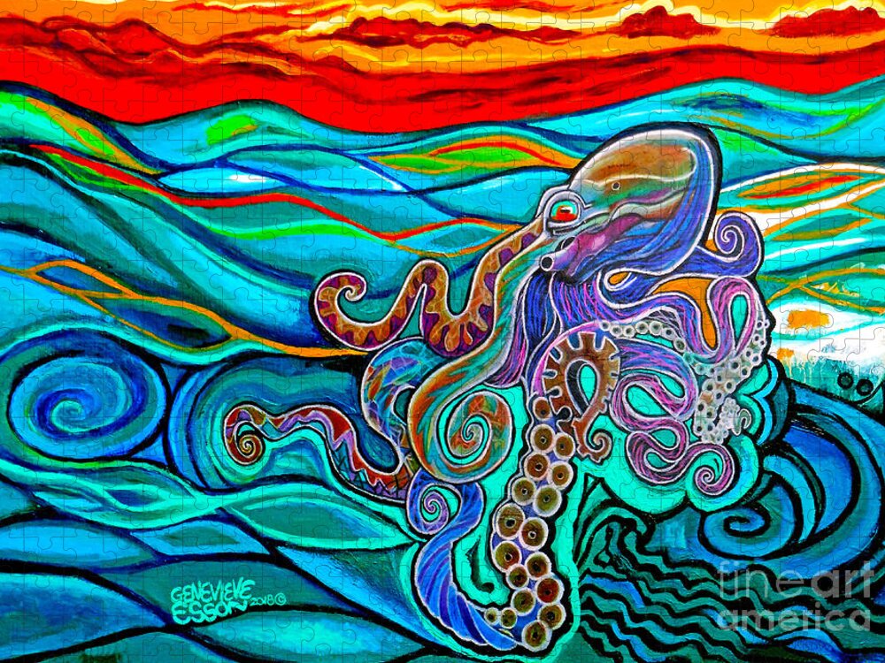 Animal Jigsaw Puzzle featuring the painting Octopus At Sunset by Genevieve Esson