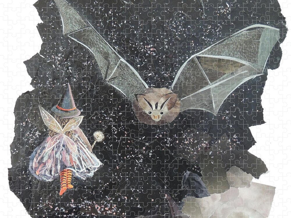 Bat Jigsaw Puzzle featuring the mixed media Of The Night by Kirstie Adamson