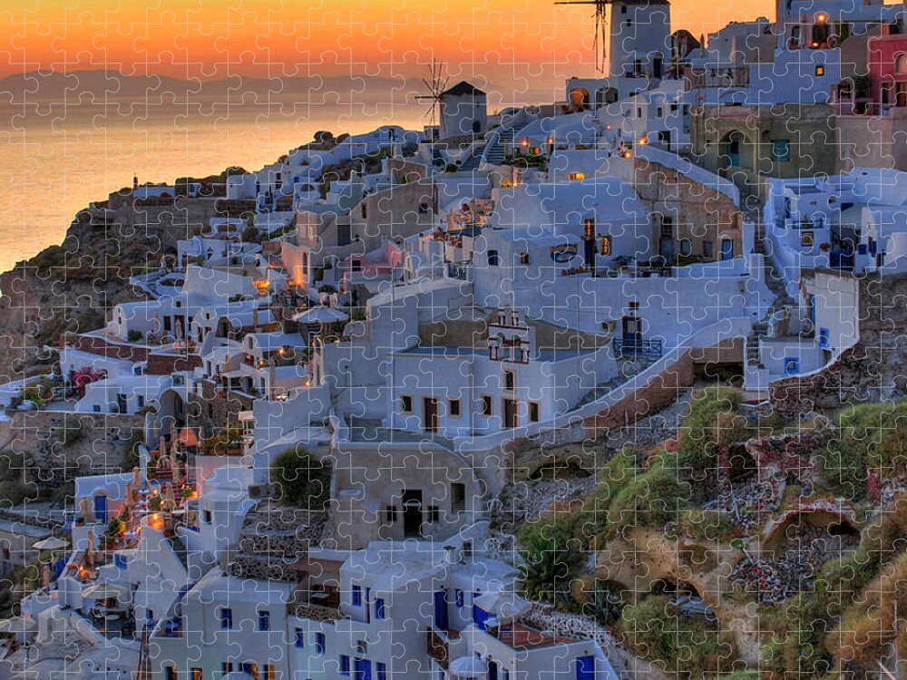 Tranquility Jigsaw Puzzle featuring the photograph Oia Santorini, Greece Sunset by Marcel Germain