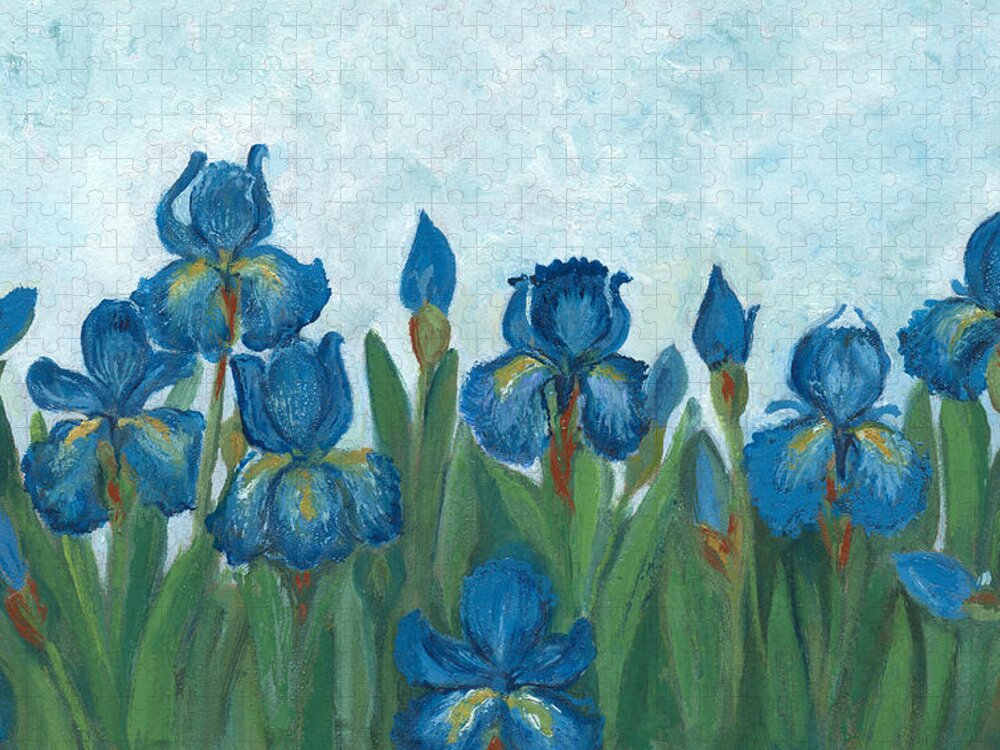 Oil Painting Jigsaw Puzzle featuring the digital art Oil Painted Blue Iris Flowers by Mitza