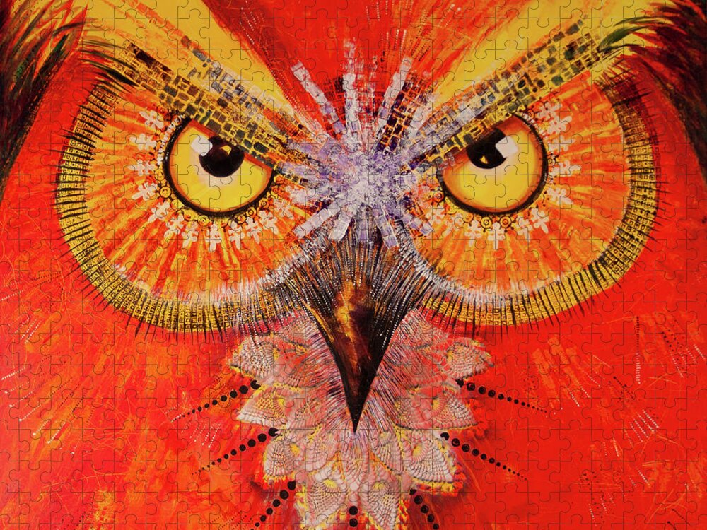 Owl Jigsaw Puzzle featuring the painting OL Big Red by Laurel Bahe