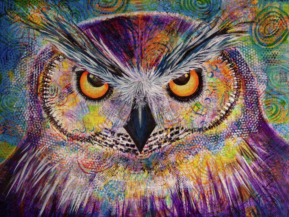 Owl Jigsaw Puzzle featuring the painting OL Spirals by Laurel Bahe
