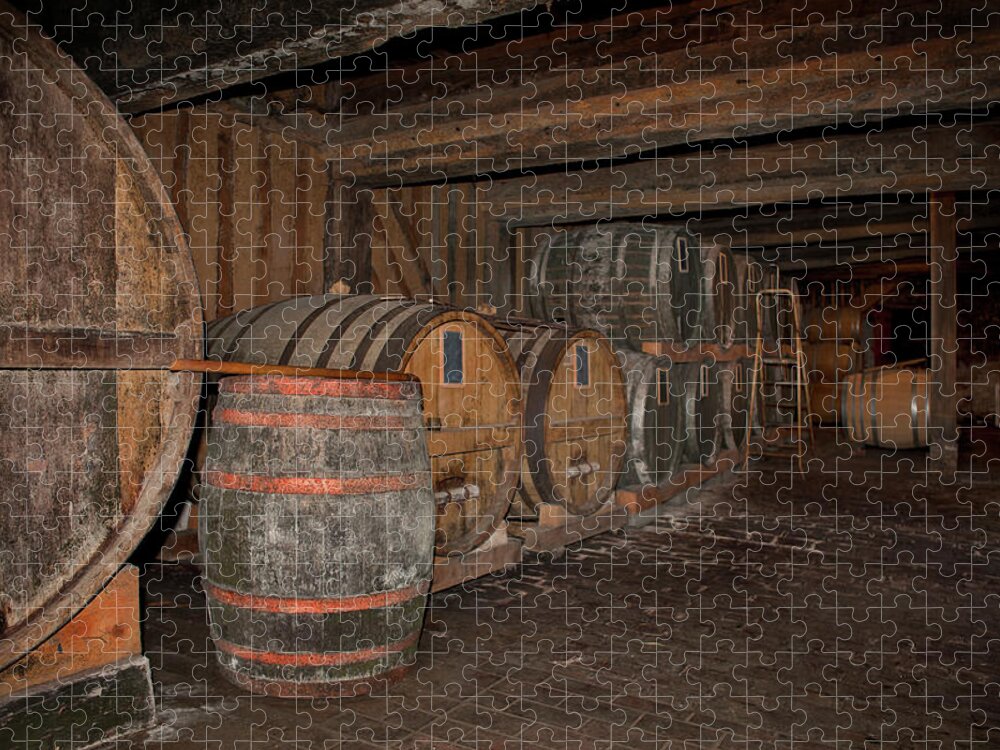 Aging Process Jigsaw Puzzle featuring the photograph Old Wine Cellar With Wooden Barrels by Studio Box