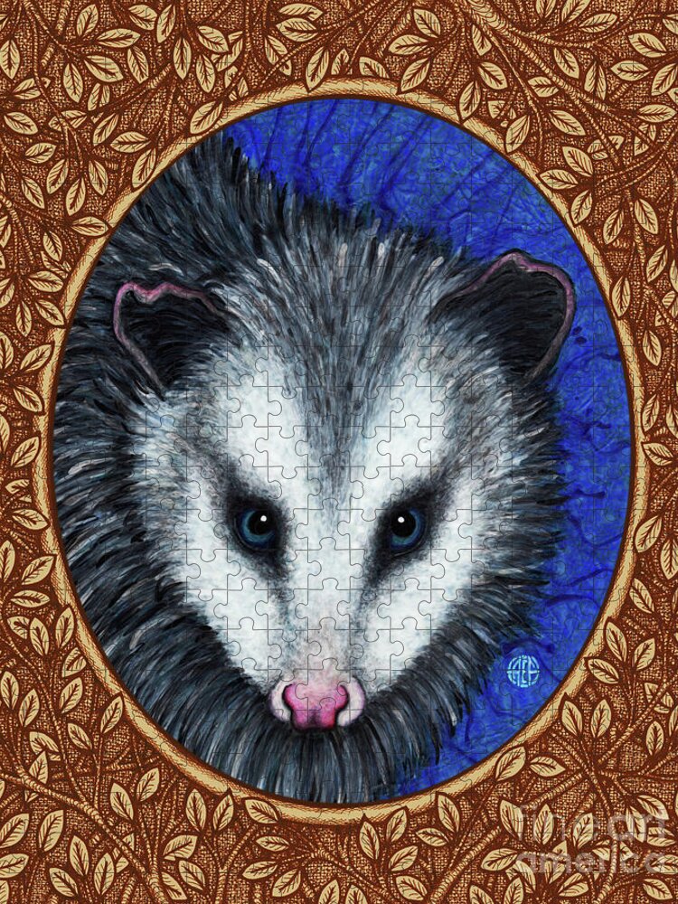 Animal Portrait Jigsaw Puzzle featuring the painting Opossum Portrait - Brown Border by Amy E Fraser