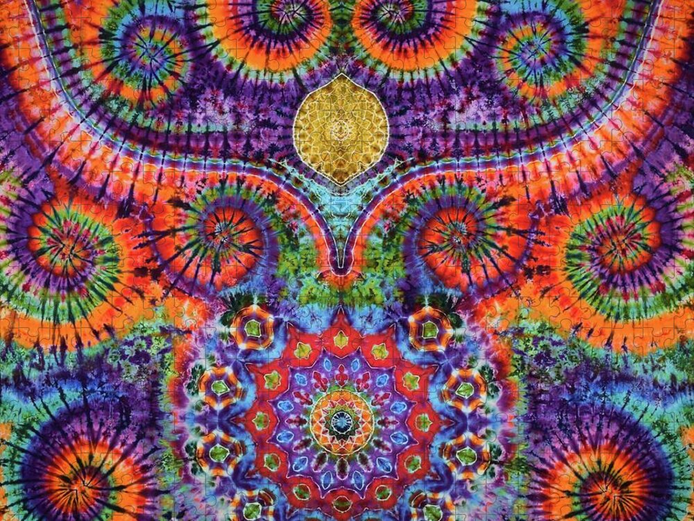 Rob Norwood Tie Die Psychedelic Art Sacred Geometry Fibonacci Jigsaw Puzzle featuring the digital art Orange Sunshine by Rob Norwood
