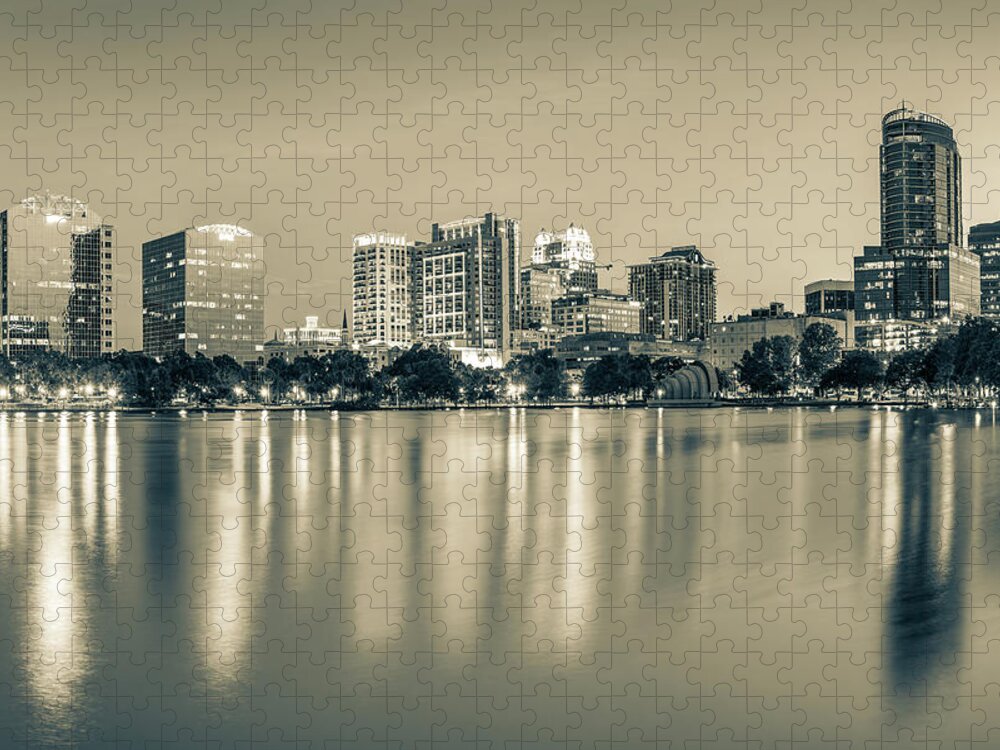 America Jigsaw Puzzle featuring the photograph Orlando Florida Skyline Reflections on Lake Eola - Sepia Edition by Gregory Ballos