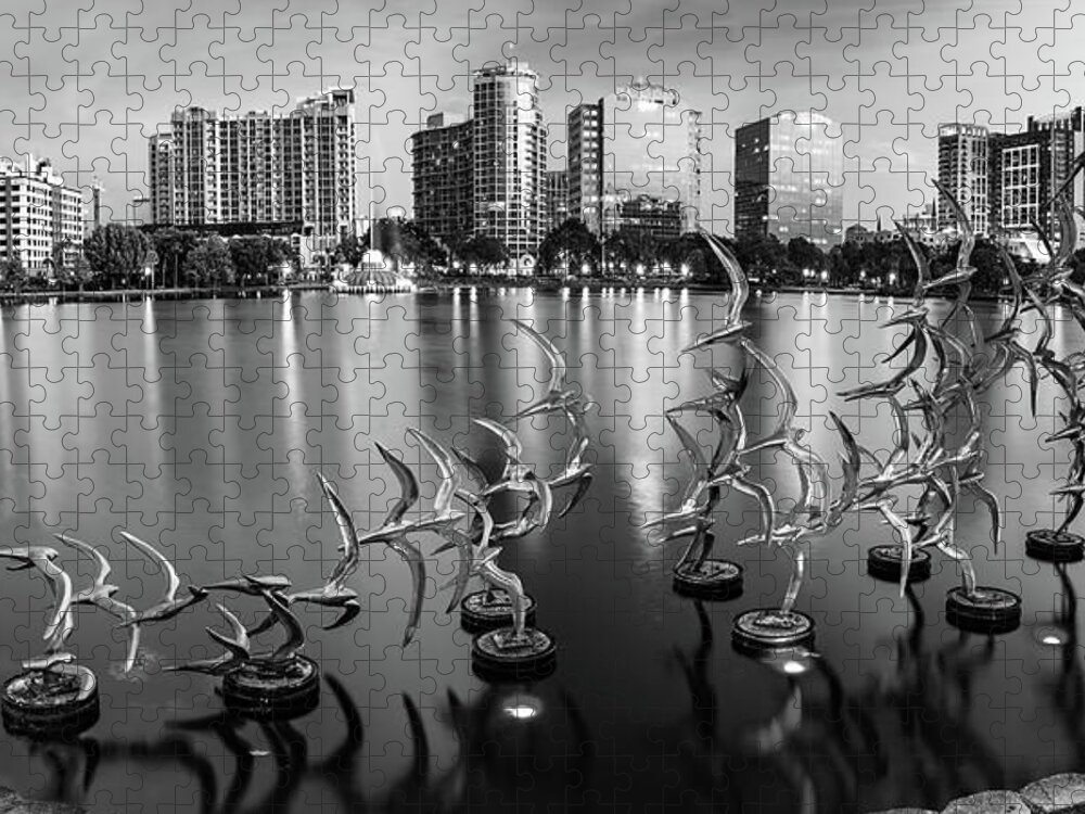 America Jigsaw Puzzle featuring the photograph Orlando Lake Eola Skyline Panorama - Take Flight Bird Sculpture - Monochrome by Gregory Ballos