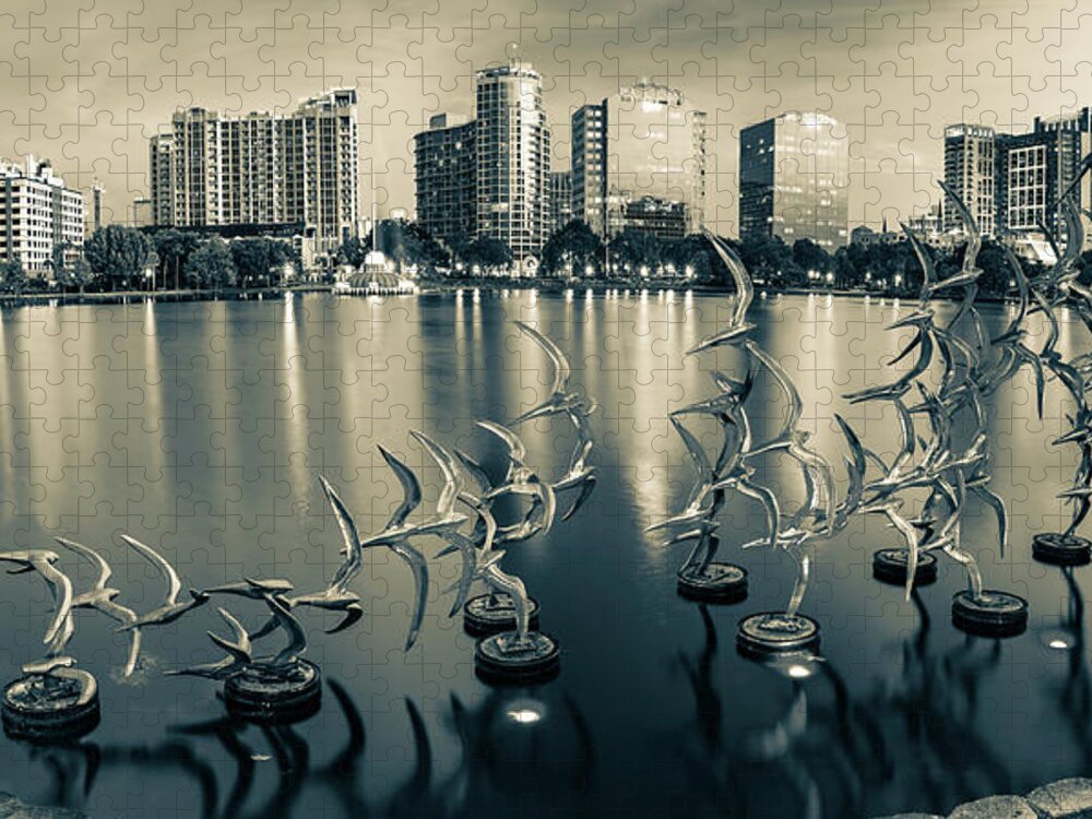 America Jigsaw Puzzle featuring the photograph Orlando Lake Eola Skyline Panorama - Take Flight Bird Sculpture - Sepia by Gregory Ballos