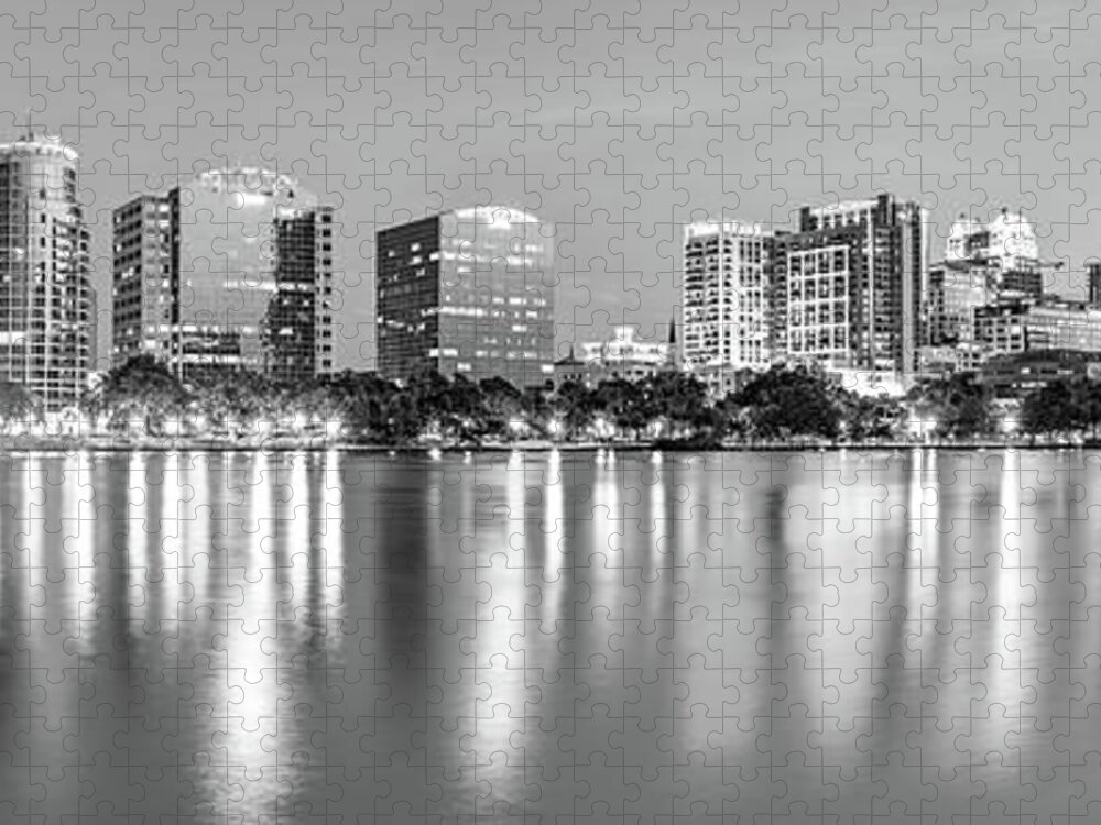 America Jigsaw Puzzle featuring the photograph Orlando Skyline Panoramic From Lake Eola Park - Monochrome by Gregory Ballos