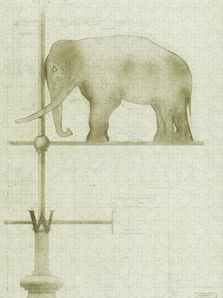 Elephant Jigsaw Puzzle featuring the drawing Pachyderm House, Philadelphia Zoo, detail of weather vane by Paul Philippe Cret