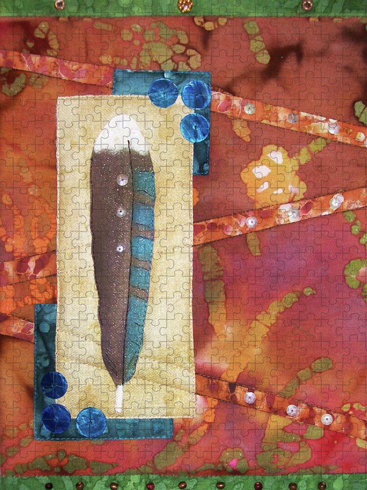 Art Quilt Jigsaw Puzzle featuring the tapestry - textile Painted Feather by Pam Geisel