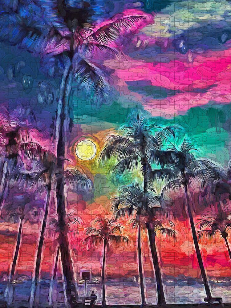 Paint Jigsaw Puzzle featuring the painting Palm on magic sunset by Nenad Vasic